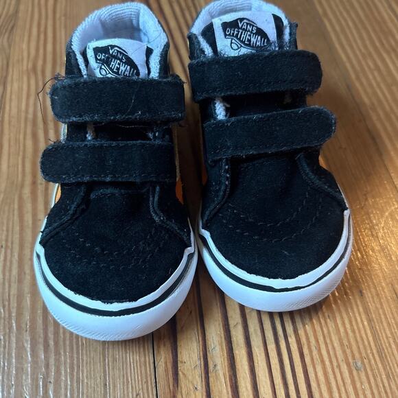 VANS black suede red orange flame high top velkro sneakers SIZE 5 - Picture 2 of 7